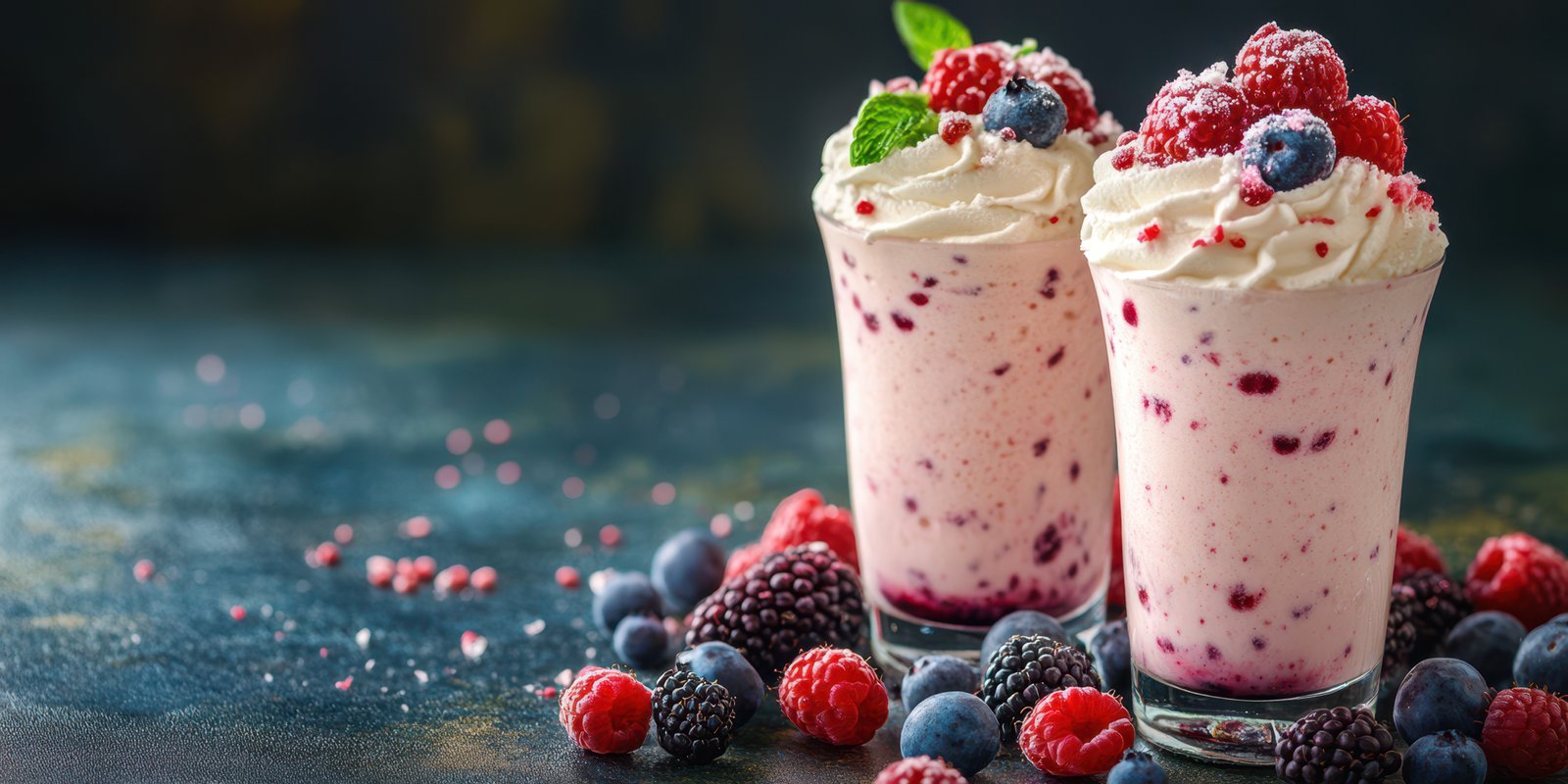 Refreshing berry smoothies topped with whipped cream and fresh fruit served in glasses